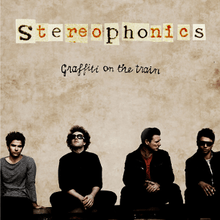 Stereophonics band members sitting alongside each other on a wall. Name of the band and album is written above them against a dull, beige wall.