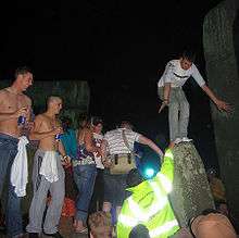 A photograph of a group of people standing outside at nighttime, two of whom are barechested and one of whom is balancing on a stone