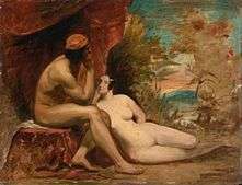 Two nude figures in a crudely painted landscape