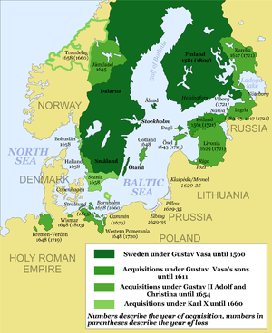 A map showing 17th-century Sweden, including Finland, the Baltic states and territories in Pomerania, Wismar and Bremen-Verden