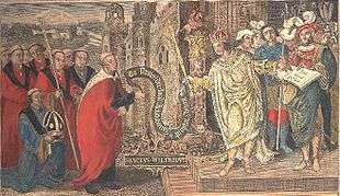 An engraving, which is a 17th-century copy, of an earlier painted Tudor mural in Chichester cathedral depicting the local Saxon king, Cædwalla, granting land to Wilfrid to build his monastery in Selsey