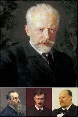 A large portrait of a man with grey hair and a beard, above three smaller portraits of a middle-aged man with glasses and a long bears, a young man with reddish brown hair, and a man with balding hair and a mustache. The portraits in this image are part of the full portraits shown later in the article.