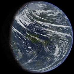The image resembles Earth, though with far more regular cloud patterns and different continental outlines