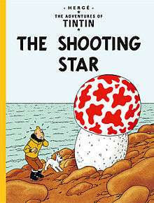 Tintin and Snowy, on a rock floating in the sea, look up at a rapidly growing, giant, red-and-white mushroom.