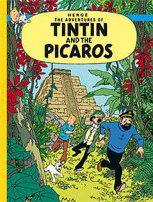 Tintin, Snowy, Haddock, and Calculus are running toward us, into the jungle, with the view of an Aztec pyramid in the background.