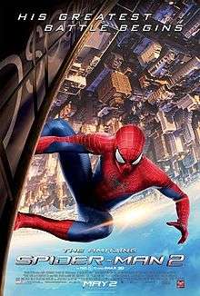 Spider-Man upside down on the side of the OsCorp tower with the film's title, credits and release date below.