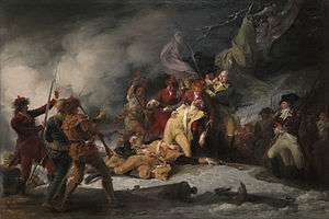 A highly idealized depiction of Montgomery's death.  Montgomery's body lies in the snow along with a few others, and he is surrounded by his officers, including men in army uniforms and in hunting garb.  A cannon lies broken in the foreground, and snow and gunsmoke swirl around the scene.  An Indian stands nearby with a raised tomahawk.