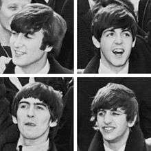 Composite image of four black-and-white photographs showing the faces of The Beatles.