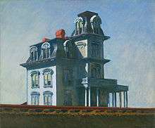 A painting of a large Gothic house.