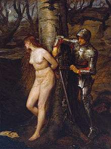 Knight in armour rescuing naked woman tied to a tree