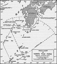 A map of Southern Japan and Okinawa showing Yamato's last sortie.