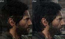 The character of Joel being rendered on the PlayStation 3 on the left, and the PlayStation 4 on the right. Improved texture effects and lighting are visible on the PS4 version.