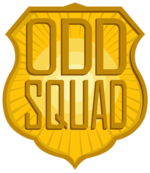 A yellow badge shape with a starburst coming from its center, emblazoned with the words "Odd Squad"