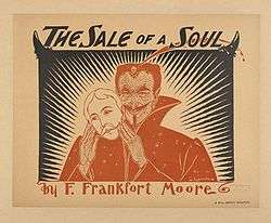 An image of a man with a wrinkled, smiling face taking off a mask of a plain face. The accompanying text reads "The Sale of a Soul by F. Frankfort Moore".