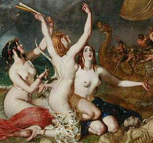 three naked women, with different hair colour but otherwise very similar appearance. Two hold musical instruments.