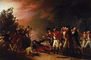Painting of a battle scene at night, with a group of British officers standing on the right-hand side looking and gesturing towards a group of British and Spanish soldiers fighting on the left side of the picture