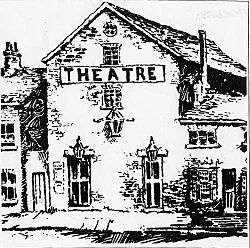 Drawing of The Theatre: simple, barn-like building