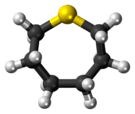 Ball-and-stick model of the thiepane molecule