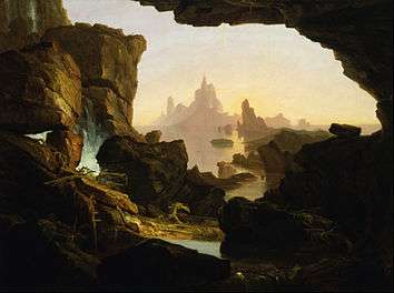 Barren coastal landscape shortly after the Biblical Food as seen through the mouth of a cave on land. Noah's Ark is visible floating in the distance.