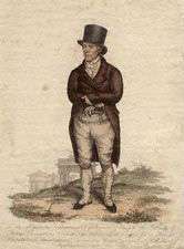 A full-length sepia portrait of a man standing and dressed in top hat and breeches