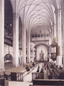 Interior of the Thomaskirche, location of the first performance, black-and-white look along the nave