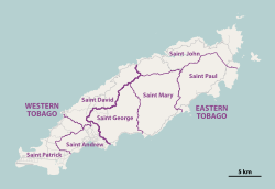 Map of Tobago (large island), Little Tobago (far right) Goat Island (between Tobago and Little Tobago) & St. Giles Island (top right).