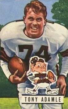 A picture of Tony Adamle in uniform on a 1951 Bowman football card