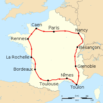 Map of France with the route of the 1905 Tour de France