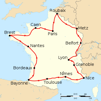 Map of France with the route of the 1909 Tour de France