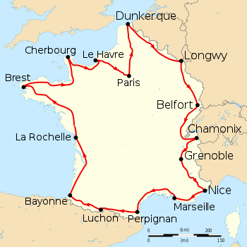 Map of France with the route of the 1911 Tour de France