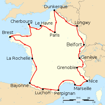 Map of France with the route of the 1914 Tour de France