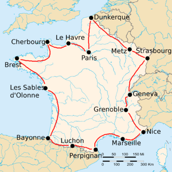 Map of France with 15 cities marked by black dots, connected by red lines. The route formed goes from Paris, counterclockwise along France's borders, back to Paris.