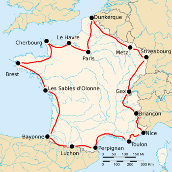 Map of France with the route of the 1924 Tour de France