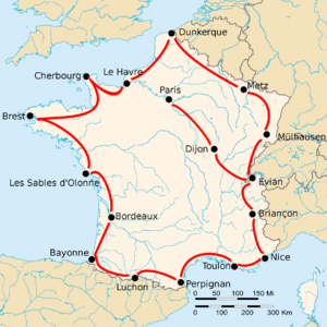 Map of France with 17 cities shown, connected by red lines. Most of the shown cities are close to the border, except the ones labeled "Dijon" and "Paris".