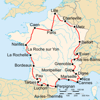 Map of France with the route of the 1934 Tour de France