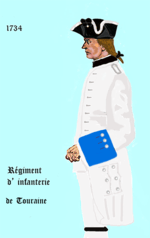 Print of a 1700s soldier in a white coat with royal blue cuffs and a black tricorne hat with white piping.