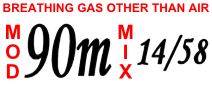 Label reading "Breathing gas other than air. MOD 90m. Mix 14/58"