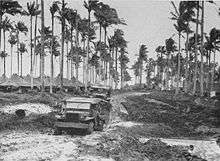 =Black and white photo of two World War II-era trucks driving along a muddy road. Tents and palm trees are visible in the background.