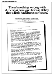 a full-page newspaper advertisement in which Trump placed full-page ads critiquing U.S. defense policy