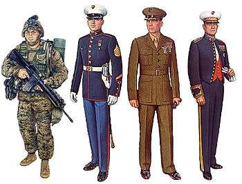 color drawings of four Marines wearing various uniforms.