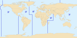 alt=Mercator projection map depicting the area of responsibilities of the various numbered fleet of the United States Navy as of the year 2007.