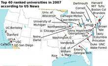 Map of US with names of 40 top colleges.