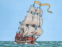 Drawing of a wooden ship with a unicorn figurehead sailing in the sea