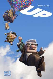 A house is floating in the air, lifted by balloons. A dog, a boy, and an old man hang beneath on a garden hose. "UP" is written in the top right corner.