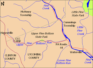 A map showing streams, villages, and highways, with the park a small green triangle in the center