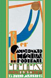 Poster in Art Deco style, depicting a simplified figure of a goalkeeper making a save in its upper half. The lower half contains writing in a heavily stylised font: "1er Campeonato Mundial de Futbol" in black, and "Uruguay 1930 Montevideo 15 Julio Agosto 15" in white and orange.