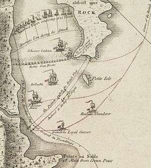The American ships are shown lined up between the western shore and Valcour Island. Near the southern tip of the island lies Royal Savage, which has run aground. Carleton is nearby, and twenty British gunboats are lined up from there to the shore, facing the American line. Further south are the British ships Inflexible, Maria, and Thunderer. Lines indicate the path taken by the Americans when they escape the night after the battle, hugging the western shore, while the British ships are lined up across the opening of the bay.