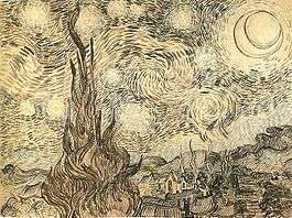 A drawing of a landscape in which the starry night sky takes up two thirds of the picture. In the left foreground a cypress tree extends from the bottom to the top of the picture. To the left, village houses and a church with a tall steeple are clustered at the foot of a mountain range. In the upper right is a crescent moon surrounded by a halo of light. There are many bright stars large and small, each surrounded by swirling halos. Across the centre of the sky the Milky Way is represented as a double swirling vortex.