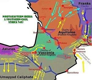 Map of France, divided into the Frankish kingdom and the duchies of Aquitaine and Vasconia