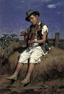 Painting of a boy sitting on a haystack and playing a violin